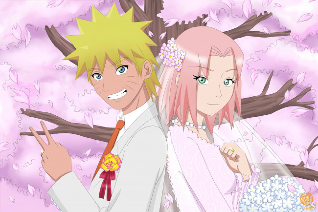 Обои картинки фото аниме, naruto, сакура, узумаки, наруто, дерево, свадьба