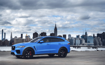 Картинка jaguar+f-pace+2018 автомобили jaguar side view нью-йорк ягуар город 2018 new york синий кроссовер f pace