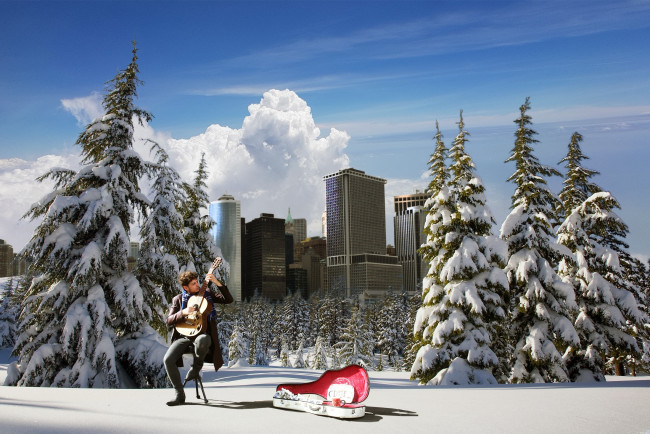 Обои картинки фото музыка, -другое, здание, снег, деревья, гитара, мужчина