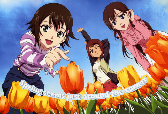 Обои картинки фото аниме, unknown,  другое , цветы, тюльпаны, небо, девочки