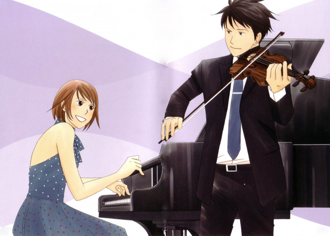 Обои картинки фото аниме, nodame cantabile, скрипка, рояль, музыка, девушка, парень