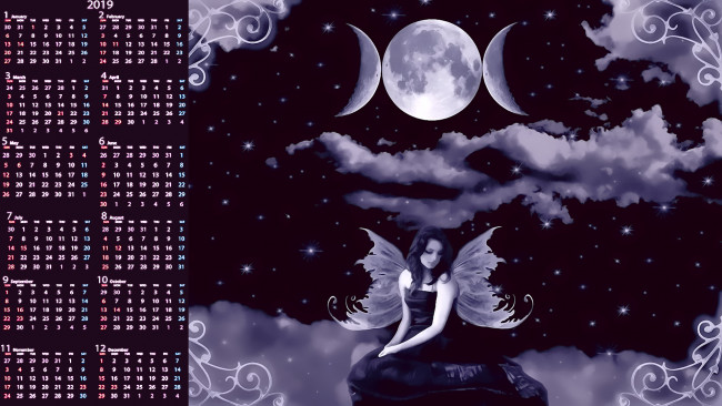 Обои картинки фото календари, фэнтези, ночь, луна, девушка, крылья
