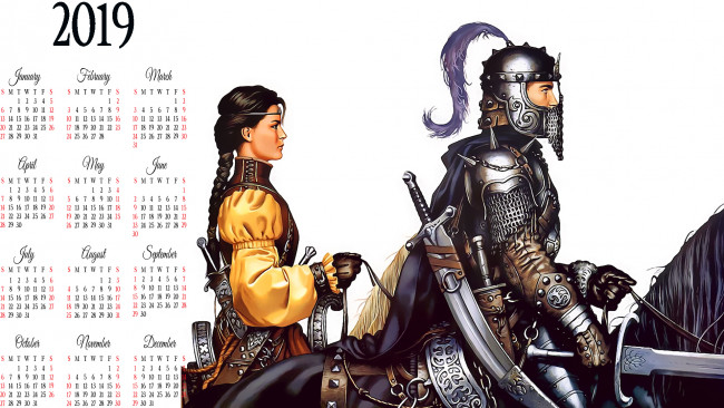 Обои картинки фото календари, фэнтези, шлем, доспехи, оружие, лошадь, девушка, конь, мужчина