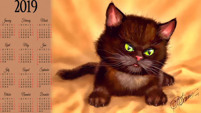 Обои картинки фото календари, рисованные,  векторная графика, кошка, кот, черный