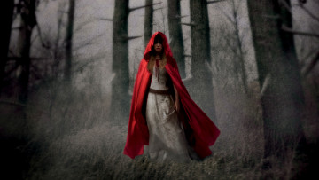 обоя фэнтези, фотоарт, красная, шапочка, лес, туман, балахон, девушка