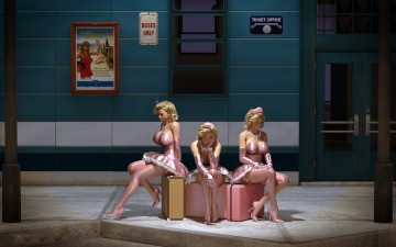 Картинка 3д+графика люди+ people девушки фон платье чемодан