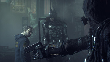 обоя видео игры, batman,  arkham knight, бэтмен, полицейский, пистолет, преступник