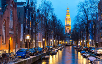 обоя города, амстердам , нидерланды, канал, лодки, вечер, огни