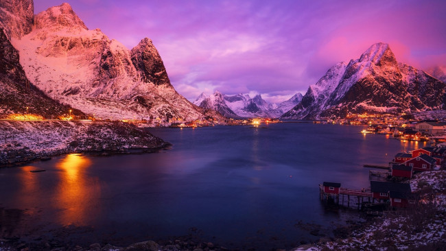 Обои картинки фото города, лофотенские острова , норвегия, фьорд, вечер, огни