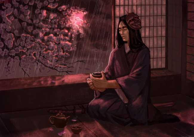 Обои картинки фото рисованное, люди, самурай, напиток, окно, дождь, сакура