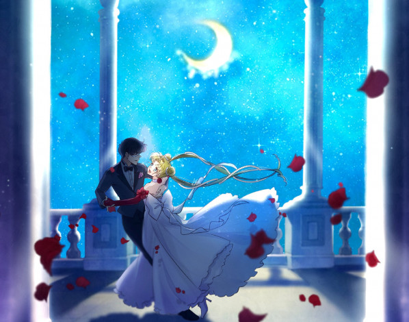 Обои картинки фото аниме, sailor moon, пара, танец, луна