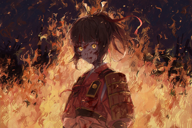Обои картинки фото аниме, unknown,  другое , девочка, огонь
