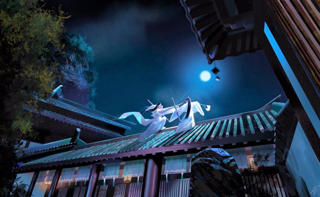Обои картинки фото аниме, mo dao zu shi, вэй, усянь, лань, ванцзи, крыша, бой