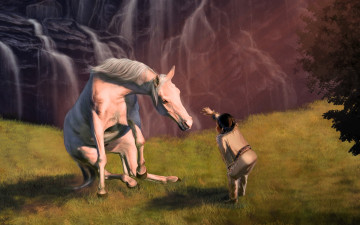 Картинка рисованное животные +лошади лошадь ребенок водопад
