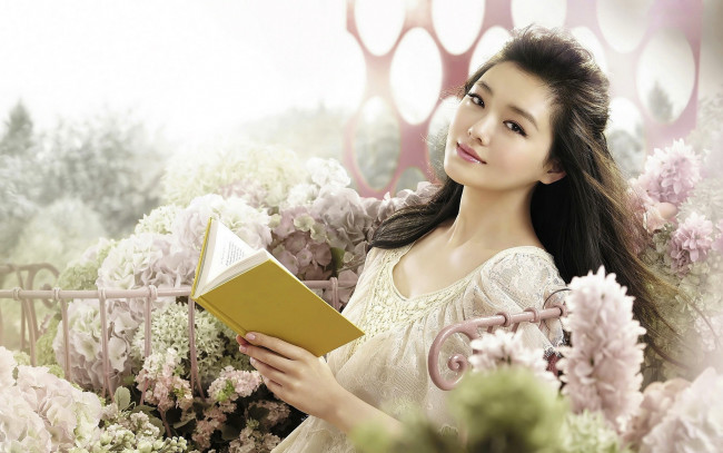Обои картинки фото -Unsort Азиатки, девушки, unsort, азиатки, книга, цветы