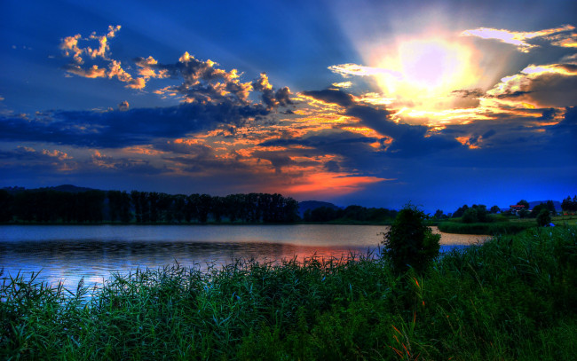 Обои картинки фото природа, восходы, закаты, озеро, небо, закат, пейзаж
