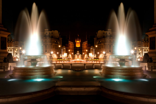 Обои картинки фото города, лондон, великобритания, спорт, баскетбол, ночь, трафальгарская, площадь, фонтаны