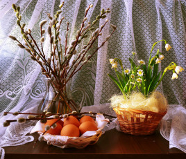 обоя праздничные, пасха, весна, цветы, кувшин, яйца, верба