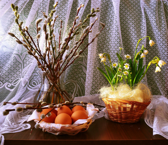 Обои картинки фото праздничные, пасха, весна, цветы, кувшин, яйца, верба