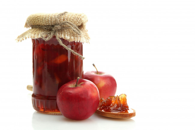 Обои картинки фото еда, мёд, варенье, повидло, джем, яблочное, сладкое, ложка, банка, яблоко