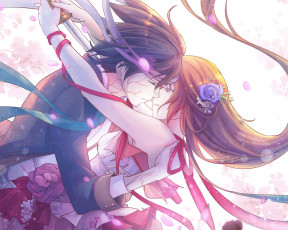 Картинка аниме -weapon +blood+&+technology розы вены ленты сакура лепестки цветы оружие нож слезы umizaki арт девушка парень