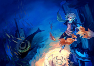 Картинка аниме -halloween+&+magic рыбки под водой парень mizukai магия шарф касатка арт
