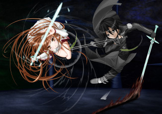 Картинка аниме sword+art+online оружие битва kirito чёрные волосы карие глаза короткие девушка длинные каштановые мужчина yuuki asuna плащ черные меч