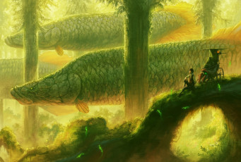 Картинка аниме -animals фантазия арка стволы деревья гигантские рыбы парень mictlan-tecuhtli nurikabe арт
