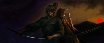 Картинка аниме -weapon +blood+&+technology настрой взгляд уши лис меч оружие жест закат мужчина