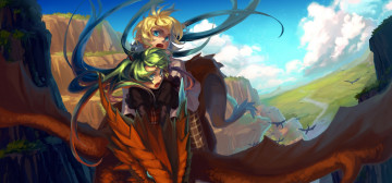 Картинка аниме vocaloid арт mizukai вокалоид hatsune miku kagamine len девушка парень драконы полет небо облака природа пейзаж