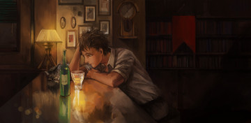 Картинка аниме *unknown+ другое свет часы лампа кот мужчина ночь алкоголь выпивка бутылка тени