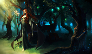 Картинка фэнтези эльфы посох лес лисица волшебство олень эльф