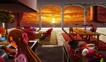 Картинка аниме sword+art+online кухня комната фрукты море парень kirito yuuki asuna девушка закат столы