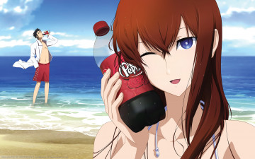 Картинка аниме steins gate напиток okabe rintarou девушка взгляд мужчина makise kurisu море пляж врата штейна