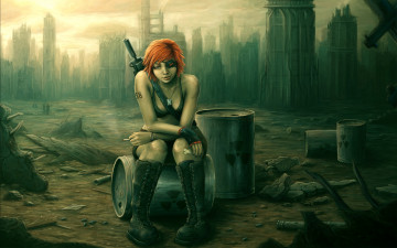 Картинка фэнтези девушки бочки оружие воин постапокалипсис девушка ботинки