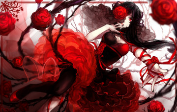 Картинка аниме *unknown+ другое девушка розы красное платье лента