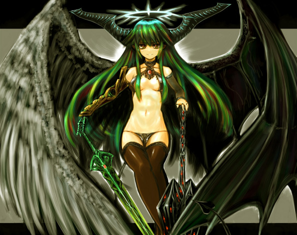 Обои картинки фото аниме, -angels & demons, хвост, крылья, рога, меч, демон, оружие, девушка, kotoba, noriaki, арт, улыбка, грудь, нимб