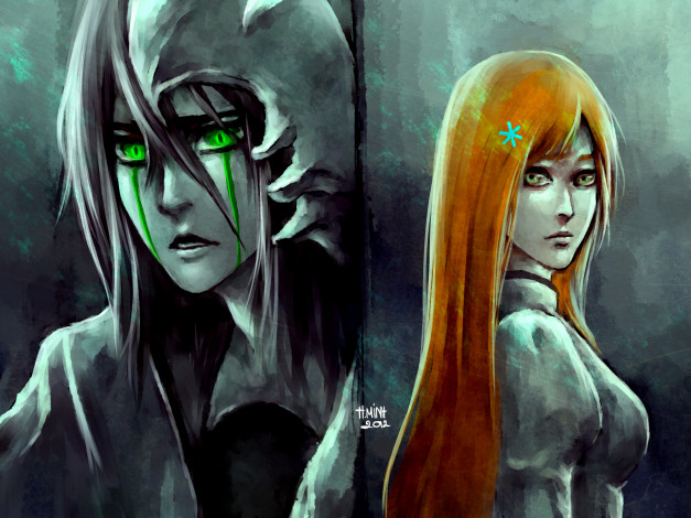 Обои картинки фото аниме, bleach, блич, эспада, взгляд, парень, inoue, orihime, ulquiorra, schiffer, девушка, art, nanfe