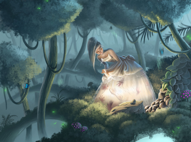Обои картинки фото фэнтези, девушки, грибы, сияние, лес, волшебный, девушка