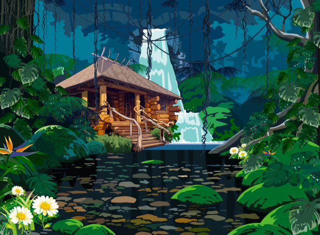 Обои картинки фото векторная графика, цветы, водопад, дом, лестница, деревья, листья, джунгли