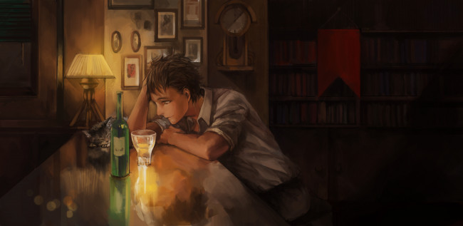 Обои картинки фото аниме, *unknown , другое, свет, часы, лампа, кот, мужчина, ночь, алкоголь, выпивка, бутылка, тени