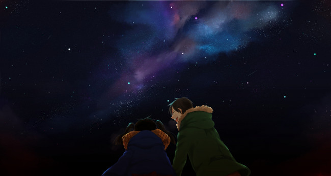 Обои картинки фото аниме, *unknown , другое, девушка, kokonose, haruka, парень, ночь, шарф, куртка, звезды, небо, enomoto, takane