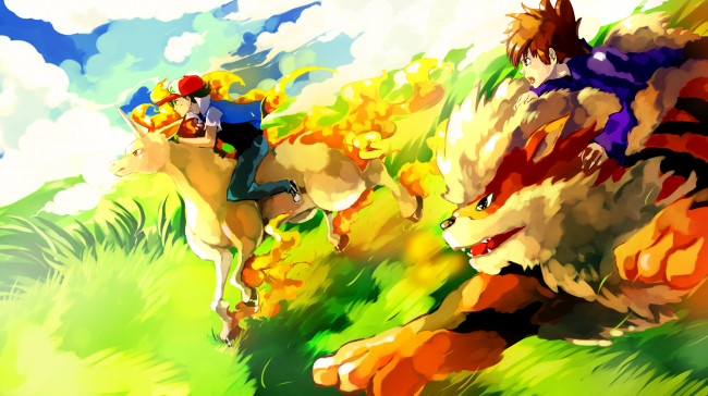 Обои картинки фото аниме, pokemon, облака, небо, кетчум, парни, ярко, эш, соревнование, покемон, лошадь, тигр, трава