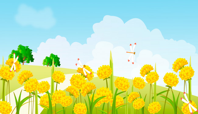 Обои картинки фото векторная графика, стрекозы, цветы, облака, небо, поляна, деревья