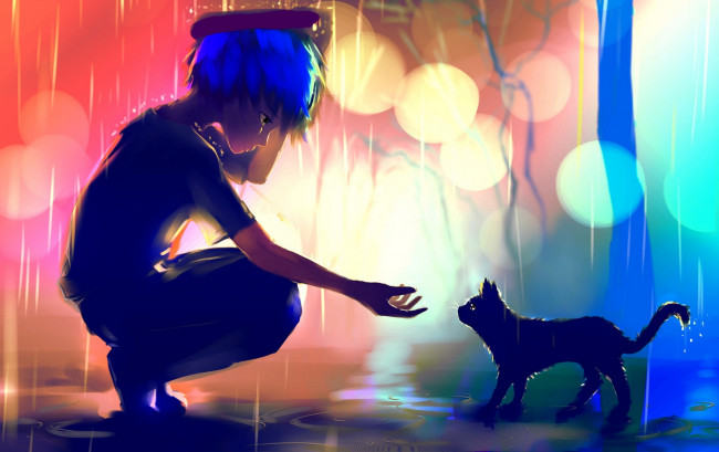 Обои картинки фото аниме, -animals, кот, дождь, парень, kayas, арт, лужи, огни, рука
