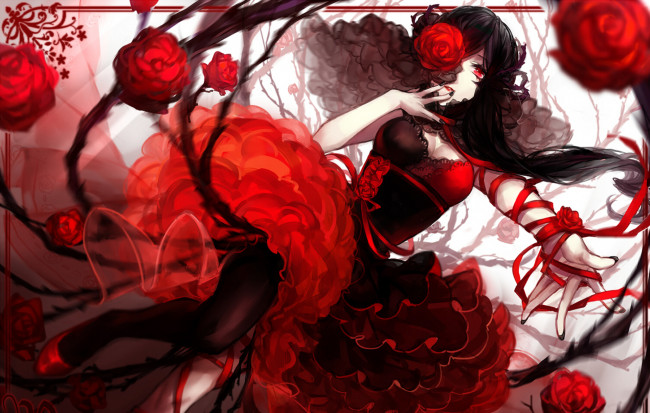 Обои картинки фото аниме, *unknown , другое, девушка, розы, красное, платье, лента