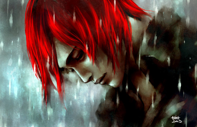 Обои картинки фото аниме, *unknown , другое, красные, волосы, профиль, лицо, дождь, парень, nanfe, арт