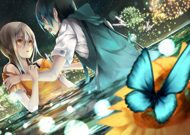 Обои картинки фото аниме, *unknown , другое, девушка, парень, вода, бабочка, эмоции, феерверк