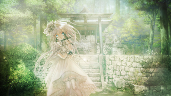 Обои картинки фото аниме, monobeno, cura, платье, девушка, деревья, mizusawa, hikaru, арт, природа