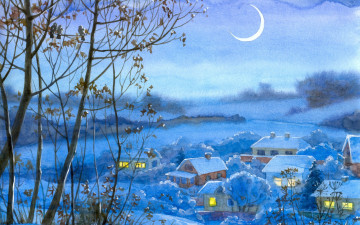 Картинка рисованное живопись деревья луна дома деревня ночь